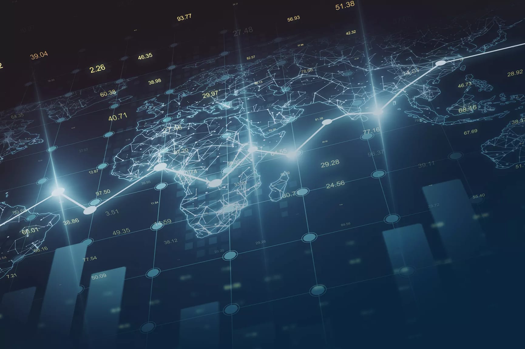 A combination of a world map and graph lit up by blue light