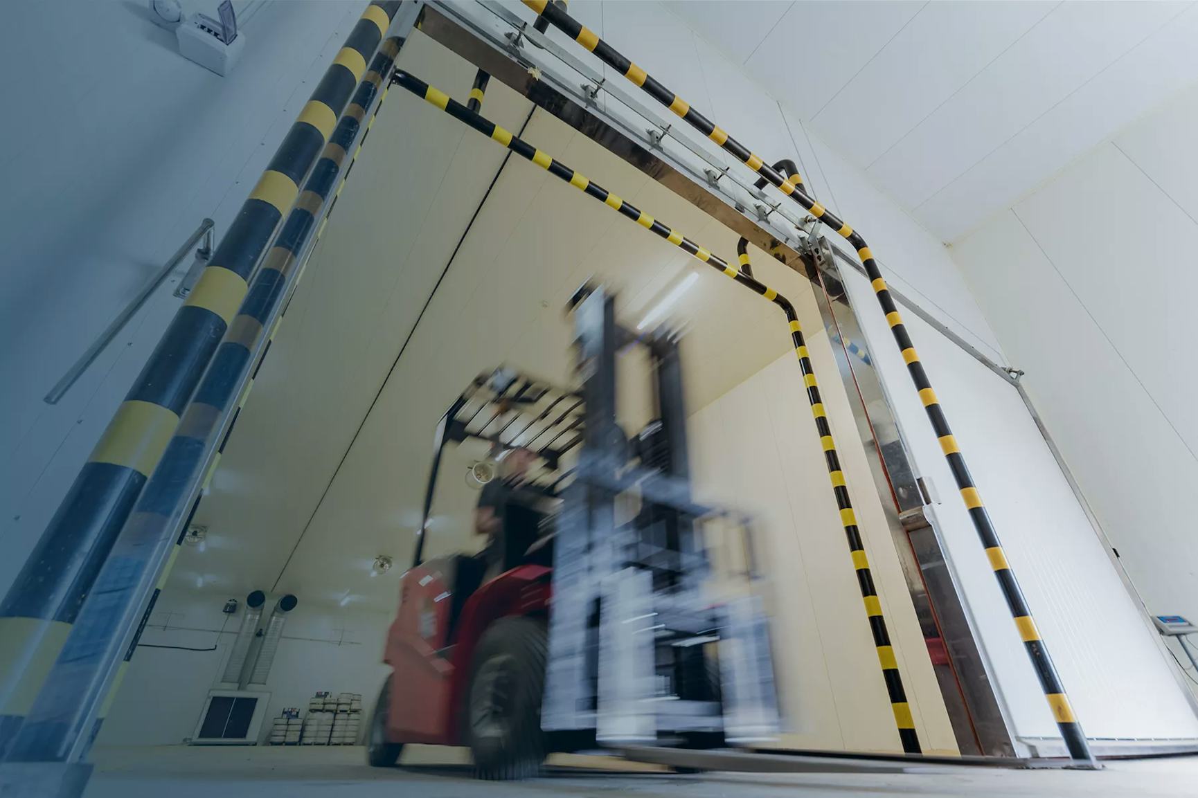 Person driving a forklift through a cold storage unit