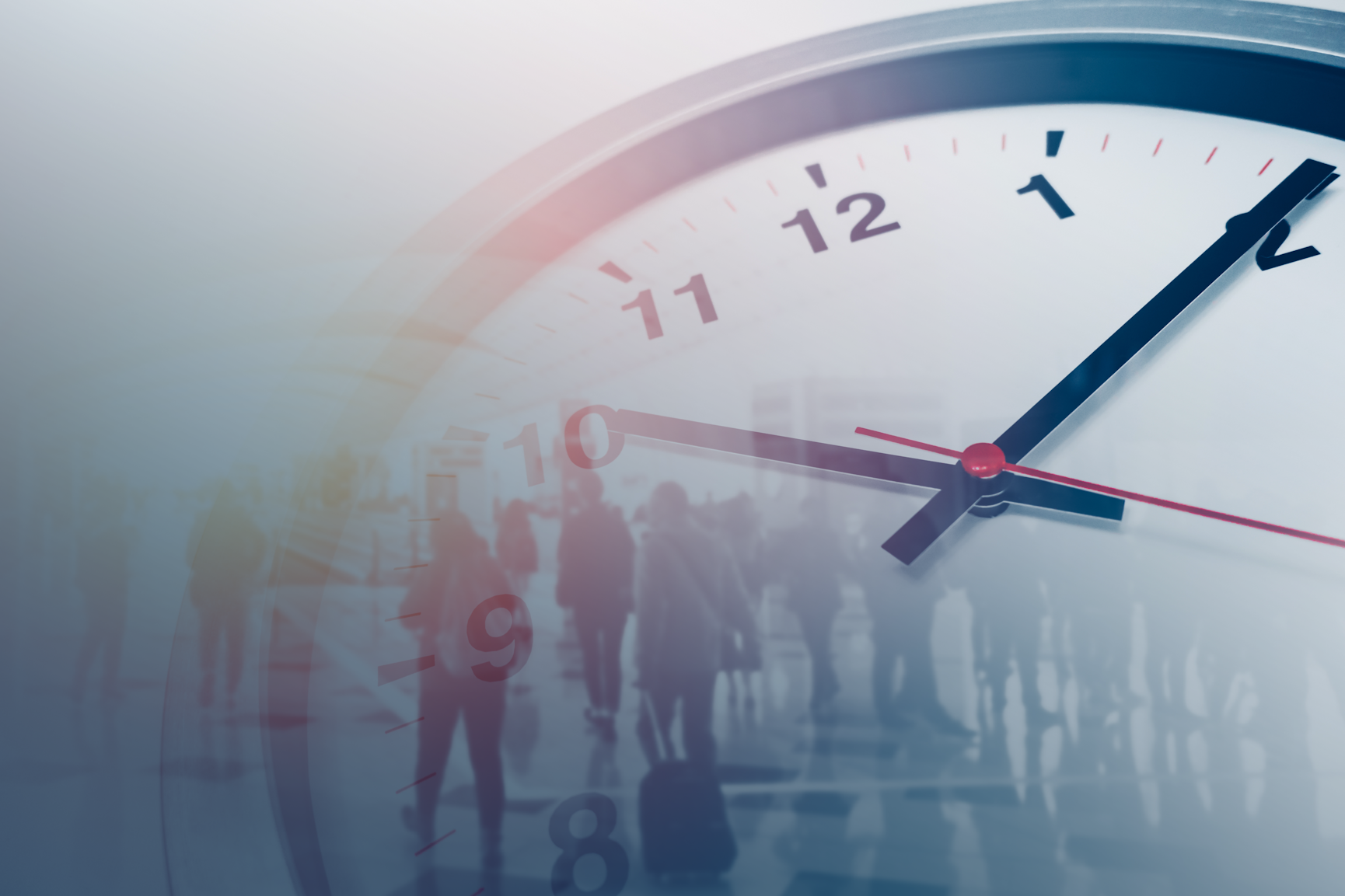 Abstract image of a clock and people walking through a crowed place